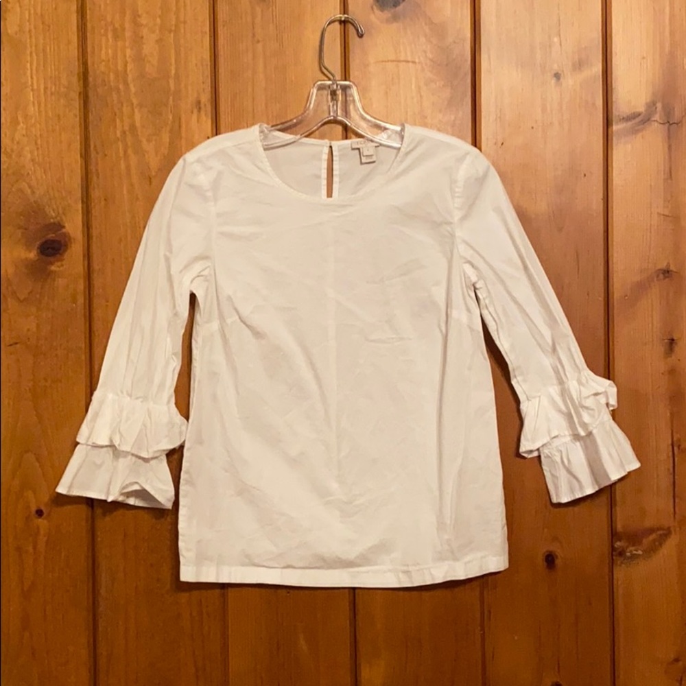 J CREW WHITE RUFFLE SLEEVE BLOUSE